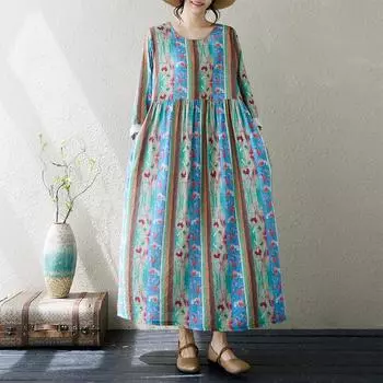 Dimanaf 2024 Новое женское осеннее платье больших размеров с круглым вырезом, длинное платье с длинным рукавом и принтом, винтажная одежда, платье-рубашка XL синий