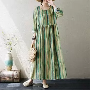 Dimanaf 2024 Новое женское осеннее платье больших размеров с круглым вырезом Длинное платье с длинным рукавом с принтом Винтажная полосатая одежда XL красный