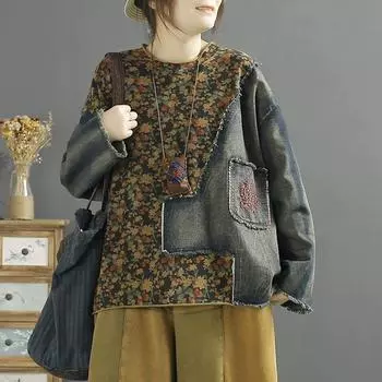 Dimanaf 2024 Новые Большие Размеры Осень Женщины Длинный Рукав Печать Свободные О-Образным Вырезом Джинсовые Базовые Топы Футболка Новинка