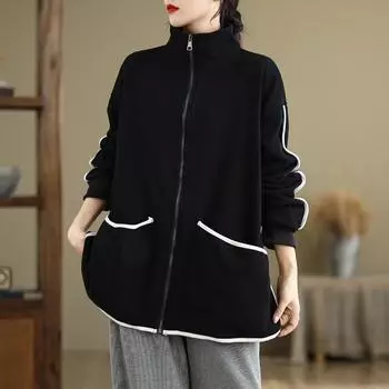 DIMANAF 2024 Новые Большие Размеры Осень Зима Новые Толстые Куртки Свободные Длинные Рукава Повседневные Большие Размеры Пальто На Молнии One Size чёрный