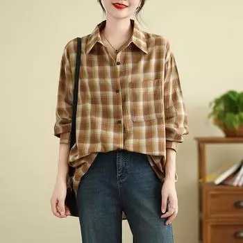 DIMANAF 2024 Новые Большие Размеры Женская Блузка Пальто Куртки Винтаж Клетчатая Верхняя Одежда Базовые Длинные Рукава Топы Свободные Пуговицы Осень M жёлтый