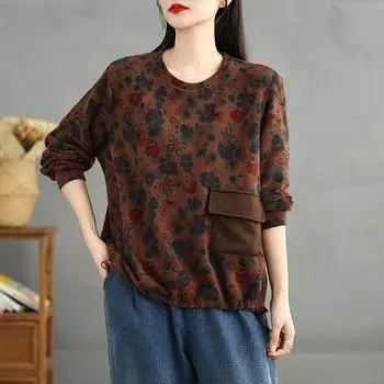 DIMANAF 2024 Новые Большие Размеры Женские Цветочные Длинные Рукава Карманы Повседневные O-образный Вырез Свободные Осенние Базовые Топы Футболка Новый Пуловер M коричневый