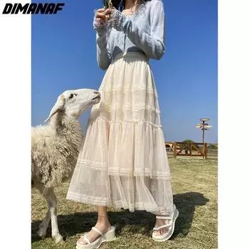 DIMANAF 2024 новые летние большие размеры женские кружевные длинные юбки свободные эластичные талии оверсайз черные модные женские элегантные юбки