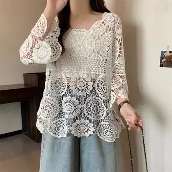 DIMANAF 2024 Новые летние женские футболки Базовые модные топы Кружевные футболки Повседневные свободные белые футболки One Size белый