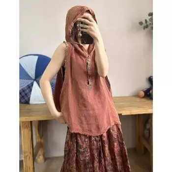 DIMANAF 2024 новые летние женские футболки большого размера льняной жилет повседневная шляпа без рукавов в китайском стиле повседневные базовые топы свободная однотонная футболка