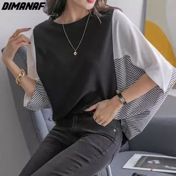 DIMANAF 2024 новые летние женские футболки повседневная рубашка с короткими рукавами «летучая мышь» повседневные базовые свободные полосатые топы футболка