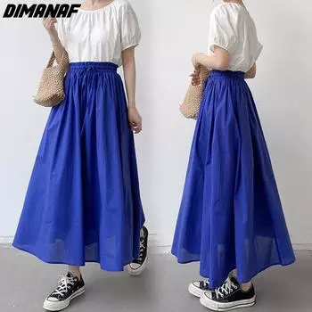 Dimanaf 2024 новые летние женские хлопковые разноцветные юбки больших размеров, свободные женские длинные юбки с эластичной резинкой на талии, однотонные