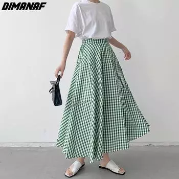 Dimanaf 2024 новые летние женские клетчатые юбки больших размеров с высокой талией, свободные длинные женские юбки с эластичной резинкой на талии