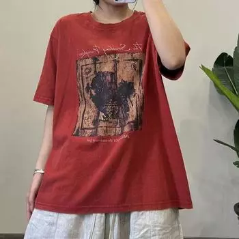 DIMANAF 2024 Новые летние женские свободные топы с коротким рукавом и принтом, вышитые, с круглым вырезом, базовые футболки, новинка 04 One Size красный