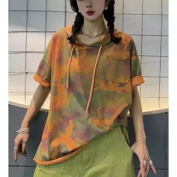 DIMANAF 2024 Новые летние женские толстовки и толстовки больших размеров с короткими рукавами и карманами в стиле пэчворк, свободные желтые базовые топы с круглым вырезом, футболка, новинка 07