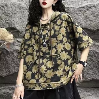 DIMANAF 2024 Новые летние женские толстовки и свитшоты больших размеров с короткими рукавами и карманами в стиле пэчворк, свободные желтые базовые топы с круглым вырезом, футболка, новинка 8909