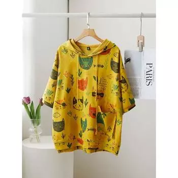 DIMANAF 2024 Новые летние женские толстовки и толстовки больших размеров с короткими рукавами и карманами в стиле пэчворк, свободные желтые базовые топы с круглым вырезом, футболка, новинка 2024 г. One Size жёлтый