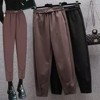 DIMANAF 2024 Новые осенне-зимние женские брюки больших размеров, брюки-шаровары, свободные повседневные толстые хлопковые длинные брюки, однотонные XL чёрный