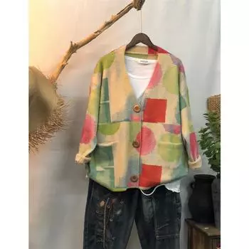 Dimanaf 2024 Новые Осенние Свитера Больших Размеров Кардиган Большие Женские Узоры Цветочные Мультяшные Принты Свитера Вязание Свободный Свитер 05