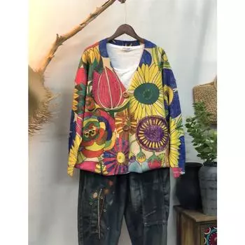 Dimanaf 2024 Новые осенние свитера больших размеров, кардиганы, большие размеры, женские узоры, цветочные мультяшные принты, свитера, вязаные свободные свитера 01