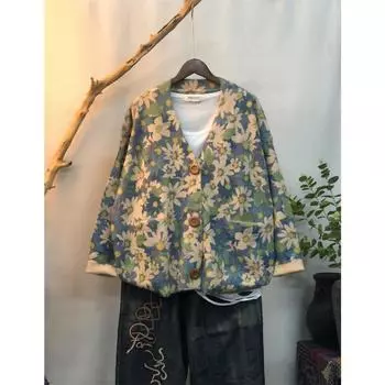 Dimanaf 2024 Новые осенние свитера больших размеров, кардиганы, большие размеры, женские узоры, цветочные мультяшные принты, свитера, вязаные свободные свитера 12