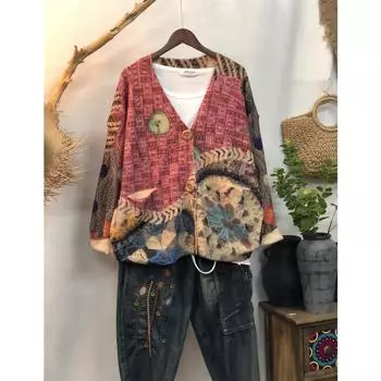 Dimanaf 2024 Новые осенние свитера больших размеров, кардиганы, большие размеры, женские узоры, цветочные мультяшные принты, свитера, вязаные свободные свитера 08