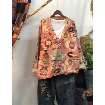 Dimanaf 2024 Новые осенние свитера больших размеров, кардиганы, большие размеры, женские узоры, цветочные мультяшные принты, свитера, вязаные свободные свитера 11