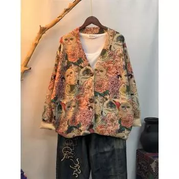 Dimanaf 2024 Новые осенние свитера больших размеров, кардиганы, большие размеры, женские узоры, цветочные мультяшные принты, свитера, вязаные свободные свитера 13