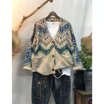 Dimanaf 2024 Новые осенние свитера больших размеров, кардиганы, большие размеры, женские узоры, цветочные мультяшные принты, свитера, вязаные свободные свитера 03