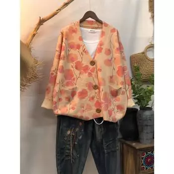 Dimanaf 2024 Новые осенние свитера больших размеров, кардиганы, большие размеры, женские узоры, цветочные мультяшные принты, свитера, вязаные свободные свитера 07