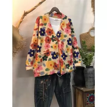 Dimanaf 2024 Новые Осенние Свитера Больших Размеров Кардиган Большие Размеры Женские Цветочные Мультяшные Принты Свитера Вязание Свободный Свитер 06