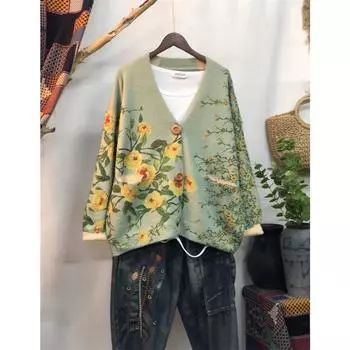 Dimanaf 2024 Новые Осенние Свитера Больших Размеров Кардиган Большие Женские Узоры Цветочные Мультяшные Принты Свитера Вязание Свободный Свитер 10