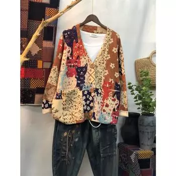 Dimanaf 2024 Новые осенние свитера больших размеров, кардиганы, большие размеры, женские узоры, цветочные мультяшные принты, свитера, вязаные свободные свитера 9