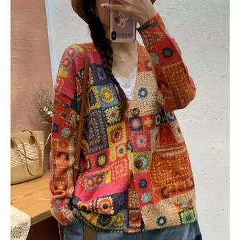 DIMANAF 2024 Новые осенние свитера Кардиганы Женские Узоры Цветочные Мультяшные Принты Свитера Вязание Свободный Свитер One Size