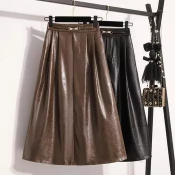 DIMANAF 2024 Новые осенние юбки больших размеров из искусственной кожи для женщин с эластичной талией, элегантные юбки большого размера с высокой талией, однотонные XL чёрный