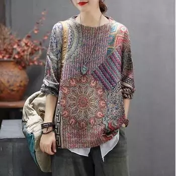 DIMANAF 2024 Новые весенние свитера, пуловеры, цветочные, большие, с круглым вырезом, женские свитера с принтом, вязаные свободные свитера One Size разноцветный