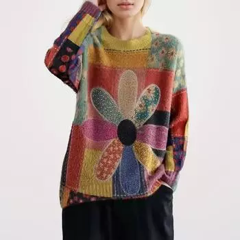 DIMANAF 2024 новые весенние свитера, пуловеры с цветочным принтом и круглым вырезом, женские свитера с узором и принтом, вязаный свободный свитер