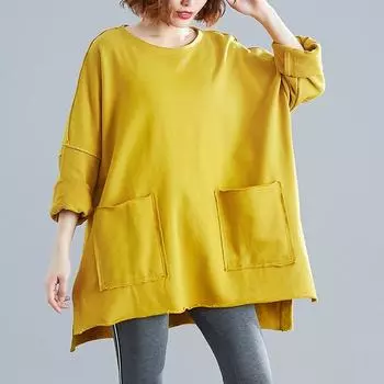 DIMANAF 2024 Новые весенние женские толстовки больших размеров с длинными рукавами, свободные повседневные желтые базовые топы с круглым вырезом, футболка, новый пуловер с карманами