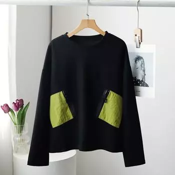 DIMANAF 2024 Новые весенние женские толстовки больших размеров и свитшоты на молнии с длинными рукавами, однотонные лоскутные сумки, свободные белые базовые топы с круглым вырезом, футболка, новинка One Size чёрный