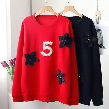 DIMANAF 2024 новые весенние женские толстовки и свитшоты больших размеров с длинными рукавами, свободные повседневные базовые топы с круглым вырезом и цветочным принтом, футболка, новый пуловер One Size чёрный