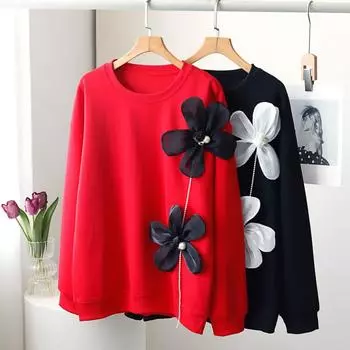 DIMANAF 2024, новые весенние женские толстовки и свитшоты, базовые свободные повседневные топы с длинными рукавами и круглым вырезом с большим цветочным принтом, футболка, новый пуловер One Size