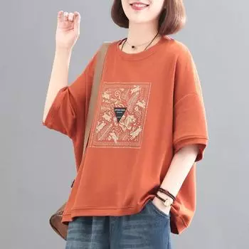 Dimanaf 2024 Новые женские футболки женские однотонные с круглым вырезом хлопковые свободные с принтом короткие рукава топы и футболки