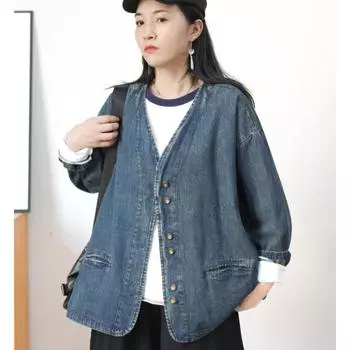 Dimanaf 2024 Новые женские куртки-летучая мышь больших размеров, пальто, осенние повседневные джинсовые синие и черные винтажные верхние одежды с длинным рукавом, свободные на пуговицах