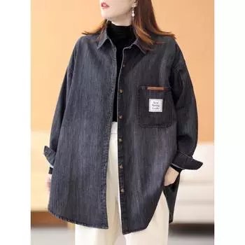 DIMANAF 2024 Новые женские куртки, пальто, большие размеры, осень, повседневная джинсовая одежда, синяя, черная, винтажная, с длинным рукавом, свободная, на пуговицах