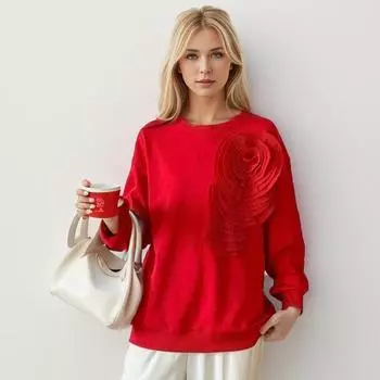 DIMANAF 2024 новые женские толстовки и кофты с длинными рукавами, свободные повседневные осенние базовые топы с круглым вырезом и цветочным принтом, футболка, новый пуловер One Size красный