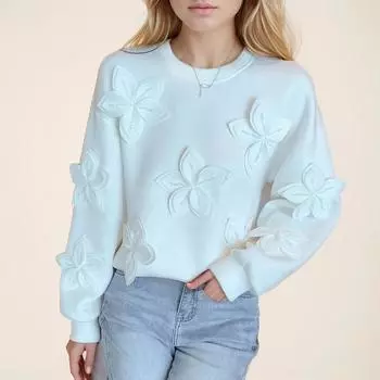 DIMANAF 2024 Новые женские толстовки и свитшоты с длинными рукавами и бантом, свободные повседневные свободные повседневные о-образным вырезом с цветочным принтом, осенние базовые белые топы, футболка, новый пуловер