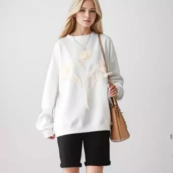 Dimanaf 2024 Новые женские толстовки и свитшоты с длинным рукавом, свободные, повседневные, с круглым вырезом, с цветочным принтом, осенние базовые топы, серая футболка, новый белый пуловер