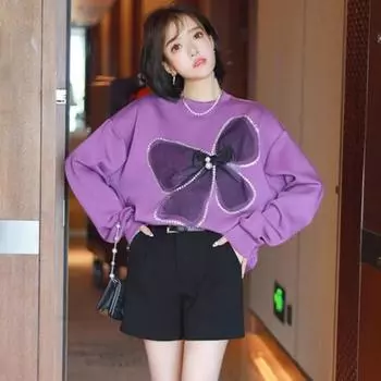 DIMANAF 2024 новые женские толстовки и свитшоты с длинными рукавами и бантом, свободные повседневные осенние базовые топы с круглым вырезом и цветочным принтом, футболка, новый пуловер One Size фиолетовый