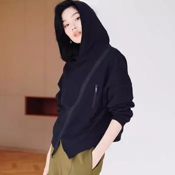 DIMANAF 2024 Новые женские толстовки и свитшоты с длинным рукавом Свободные повседневные топы с круглым вырезом на молнии на осень Футболка Новый пуловер One Size чёрный