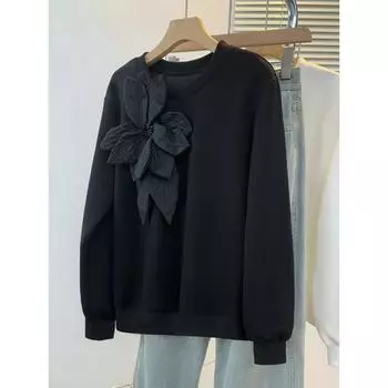 DIMANAF 2024 Новые женские толстовки и свитшоты с длинным рукавом Свободные повседневные топы с круглым вырезом и большим цветком Осенние базовые топы Футболка Новый пуловер One Size чёрный
