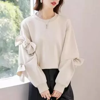 DIMANAF 2024 Новые женские толстовки и свитшоты с длинным рукавом, свободные, с круглым вырезом, осенние однотонные топы, футболка, новый пуловер One Size бежевый