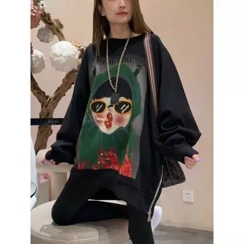 Dimanaf 2024 Новые женские толстовки с капюшоном и свитшоты на молнии с длинным рукавом и принтом мультфильмов, О-образный вырез, новый осенний пуловер