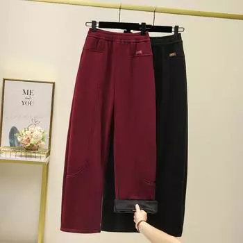 DIMANAF 2024 Новые зимние спортивные штаны больших размеров, утолщенные женские теплые базовые эластичные брюки, свободные повседневные женские брюки, стильные брюки XL