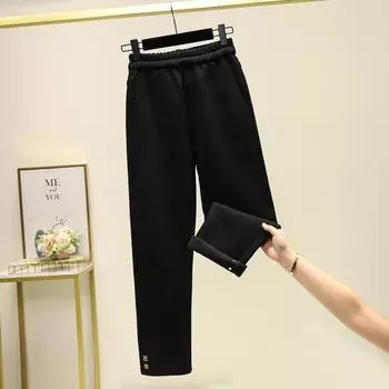 DIMANAF 2024 Новые зимние утепленные брюки большого размера для женщин, узкие теплые базовые эластичные свободные повседневные женские черные брюки, стильные брюки XL чёрный
