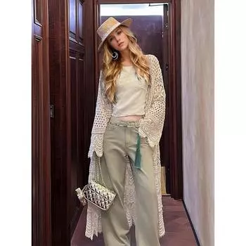 DIMANAF 2024 Новый кардиган женский вязаный кружевной длинный жилет полые летние стильные базовые топы футболки свободная одежда One Size